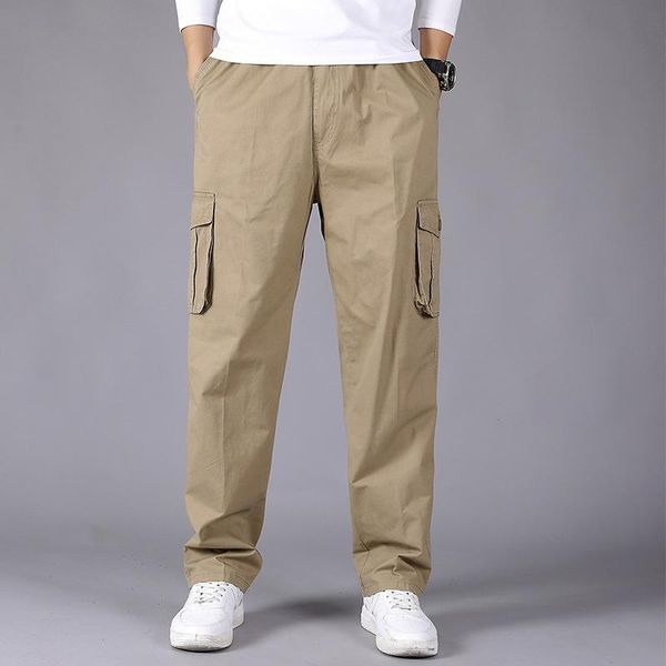 

men's pants casual cargo 2021 autumn pocket loose solid cotton thin waist trousers fashion straight-leg sportswear, Black