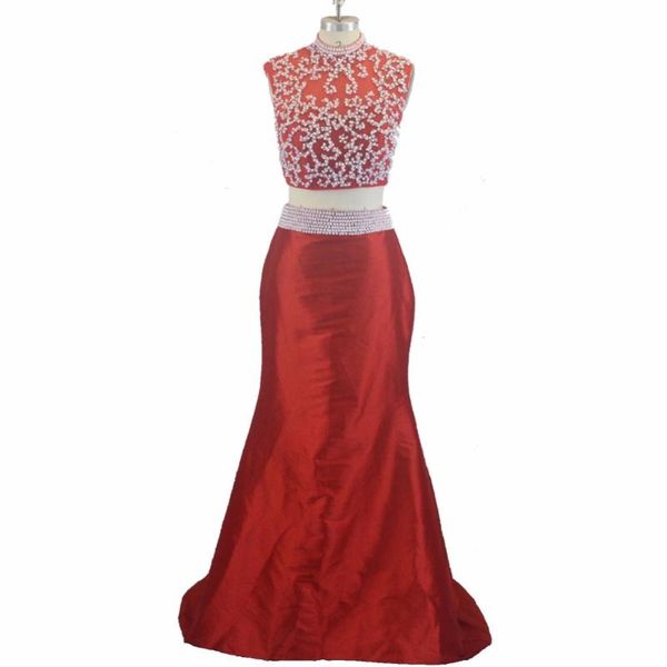 

party dresses arrival lace high neck long mermaid two piece prom red, White;black