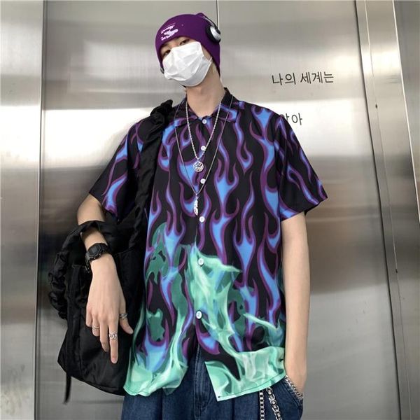 

men's casual shirts harajuku loose summer punk men blue flame print blouse short sleeve oversize blusas shirt hip hop streetwear lover, White;black