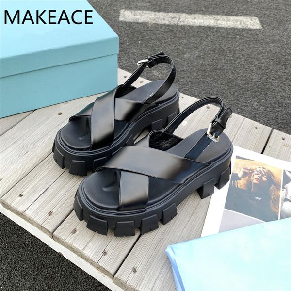 

real lether summer platform women black white cross strap thick sole sandals woman brand shoes runway femmes sandales 80% off outlet online