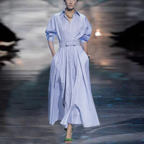 

new fashion blue striped woman 2021 spring summer runway vintage long sleeve midi with sashes c31j, Black;gray