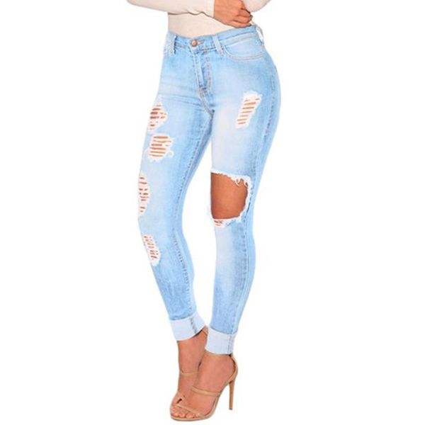 

women's jeans women ripped hole denim pants high waist washed skinny pencil female button scratched slim 11504, Blue