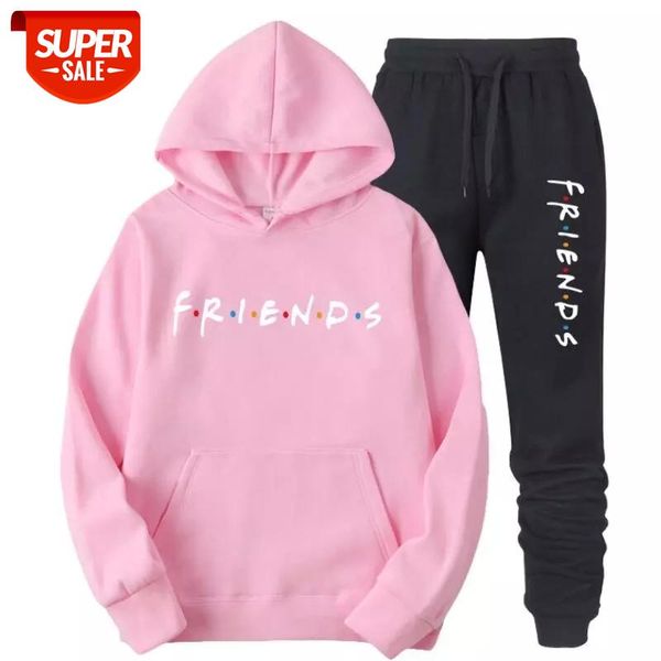 

friends letter print men's and women's lovers set hoodie sweatshirt + track pants fleece harajuku sudaderas mujer long sleeve pu #, Gray