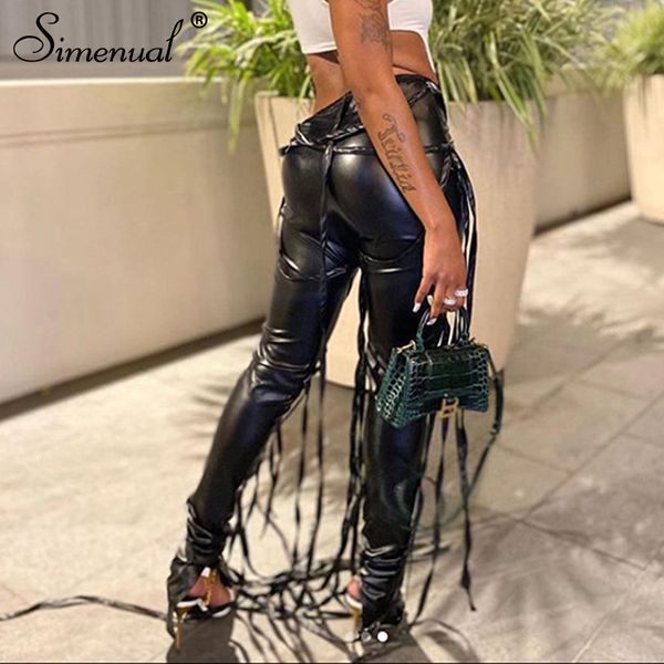 

midnight faux pu leather skinny pants ribbon criss cross women high waist pencil trousers fashion fall 2021 clothing, White;black