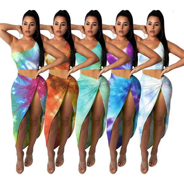 

2021 new women two pieces sets casual irregular side split one-shoulder pleated suit skirt beach party wholesale dropshpping kedt, Black