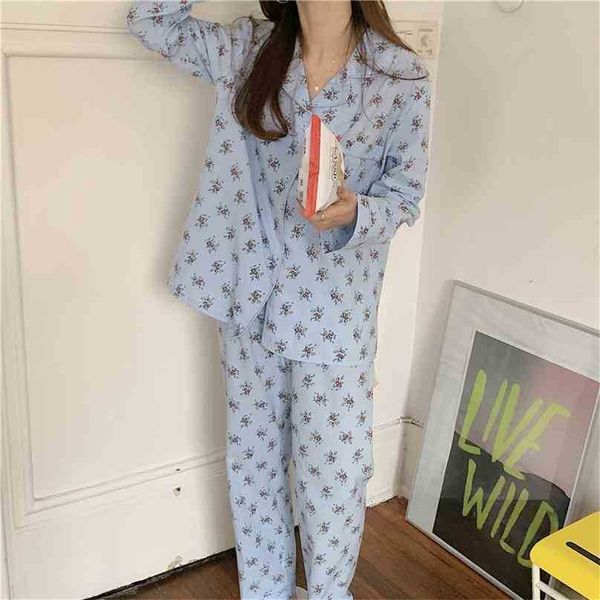 

long sleeve sleepwear spring floral printed women home chic comfortable loose cotton fashion pajamas suits 210525, Black;red
