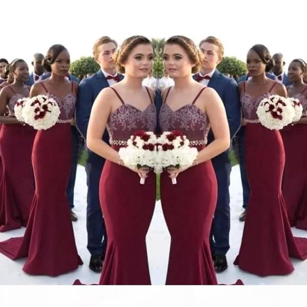 

mermaid burgundy long bridesmaid dresses 2021 african spaghetti straps lace maid of honor gowns wedding guest dress, White;pink