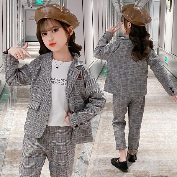 

clothing sets girls' plaid suit two-piece suit, big children's autumn clothing, one button, trendy fan cardigan, t, White