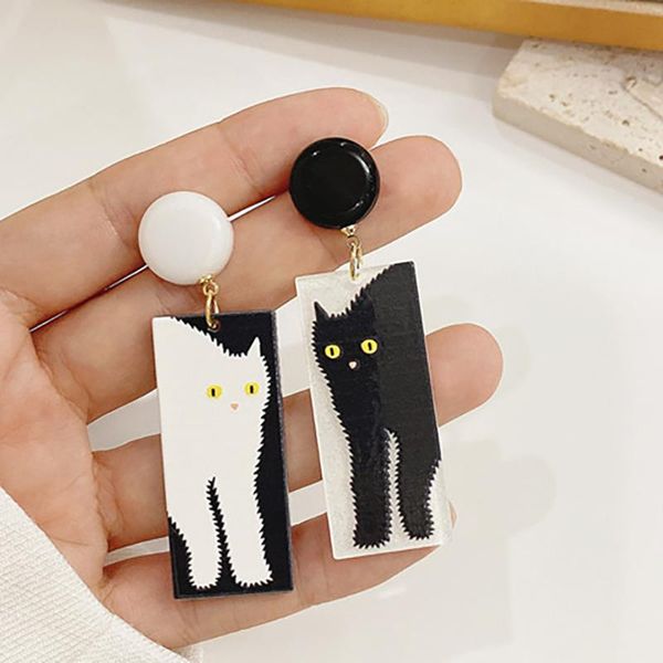 

dangle & chandelier black and white cat earrings for women cute romantic geometric pendientes largos mujer m4, Silver