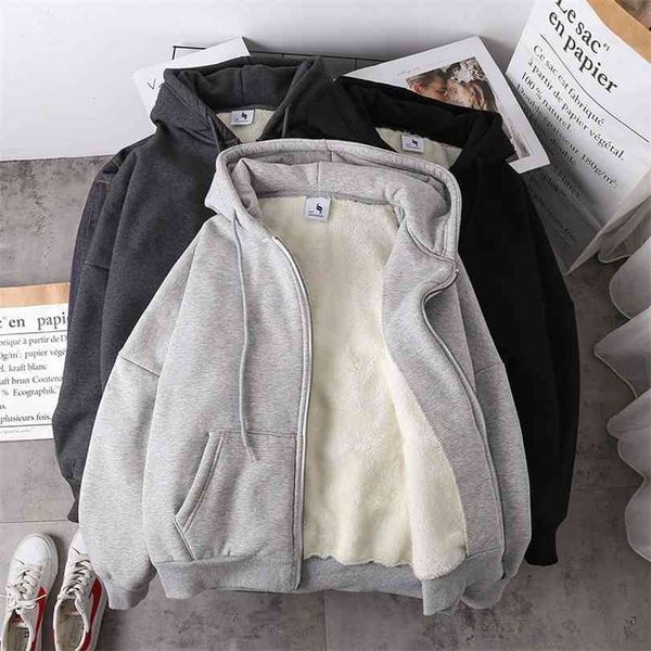 

jacket women solid color autumn winter imitation lamb wool korean loose plus velvet thick hooded zipper sweatshirt 210817, Black