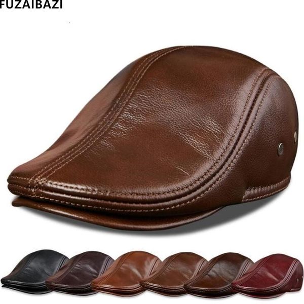 

berets fuzaibazi 2021 genuine leather autumn winter men's cowhide earmuffs thermal leisure snapback brand hat, Blue;gray