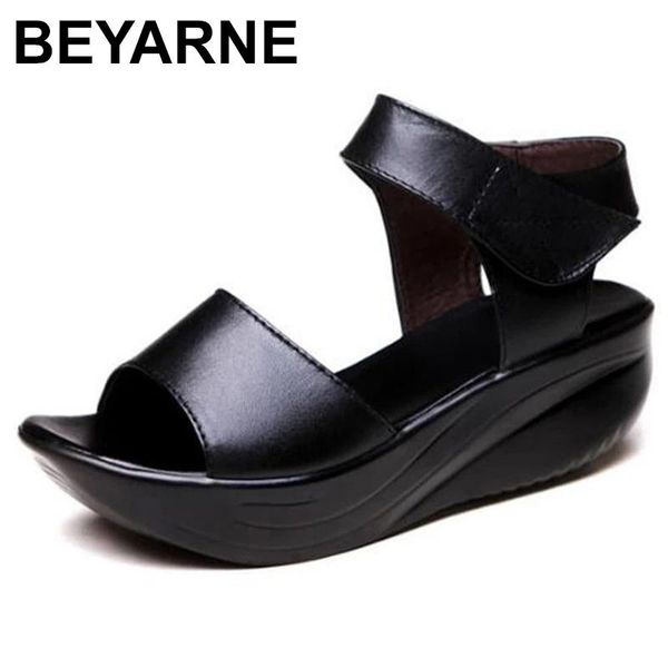 

dress shoes beyarne summer genuine leather sandals platform wedges slippers soft sole non-slip plus size women casual, Black