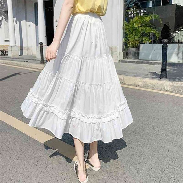 

skirts spring summer high waist long midi women cute stitching frilly ruffle big swing a-line black white x7w1