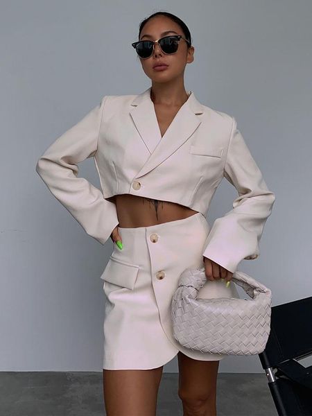 

two piece dress woman crop blazer + mini skirt suit set, White