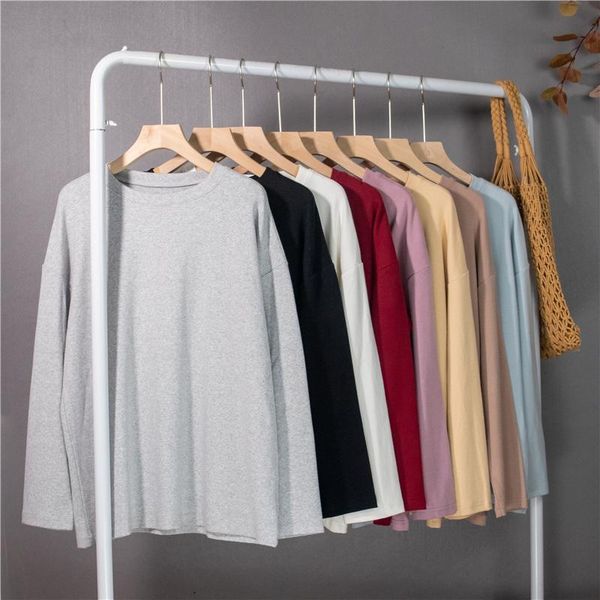 

women's t-shirt real s thick version of 2021 spring multi-color solid color loose and versatile pure cotton simple, White