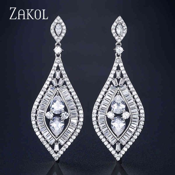 

zakol famous bridal wedding design luxury popular baguette cubic zirconia dangle earring fashion jewelry fsep2257, Bronze;silver