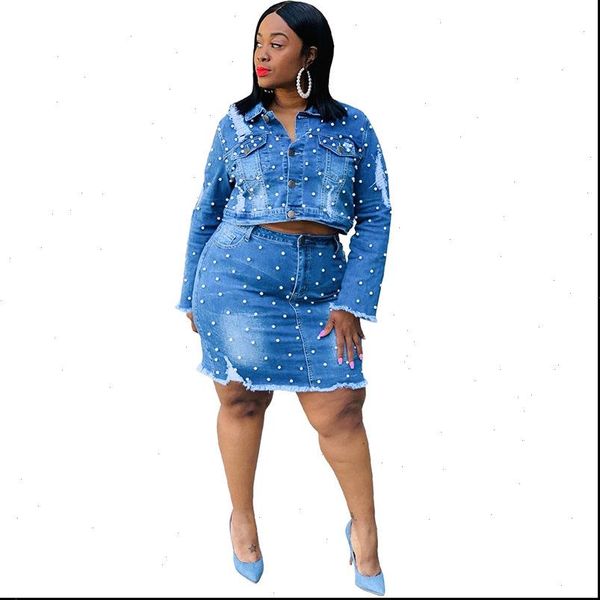 

4xl 5xl plus size denim women two piece sets long sleeve beading short jacket coat and skirt womens sets causal suits wear, Gray