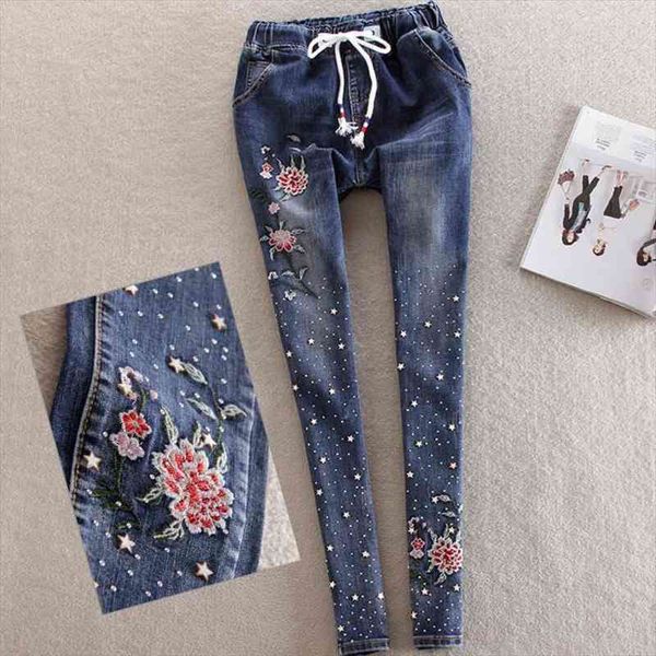

Elastic Waist Embroidery Women Denim Beaded Diamond Jeans Pencil Feet Trousers, Blue