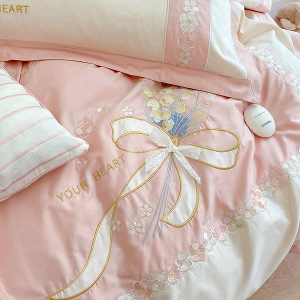

cotton bedding set cartoon pink princess style four piece set satin lace pastoral bedding quilt american extra large