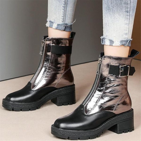 

boots 2021 high casual shoes women genuine leather chunky heels motorcycle female winter round toe platform pumps, Black