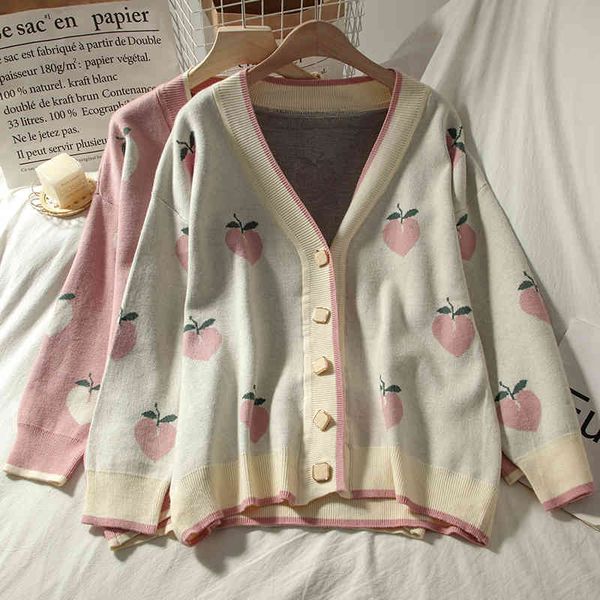 

women's knits & tees korean knitwear cropped cardigan v-neck long sleeve sweater sweet peach print loose sueter ropa mujer 4g6l, White