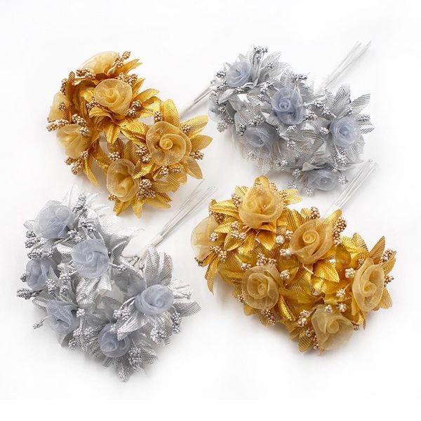 

6pcs/lot artificial flowers gold silver gauze rose for wedding party xmas decoration diy craft garland gifts fake flower jllnik