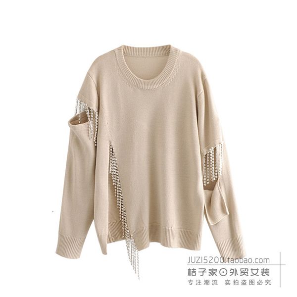 

2021 new o neck solid full loose beading patchwork knitted sweater women 3xre, White;black
