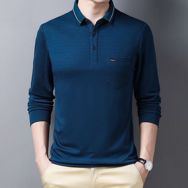 

2021 autumn new men solid business long-sleeved fashion casual pure color brand polo shirt if0z, White;black