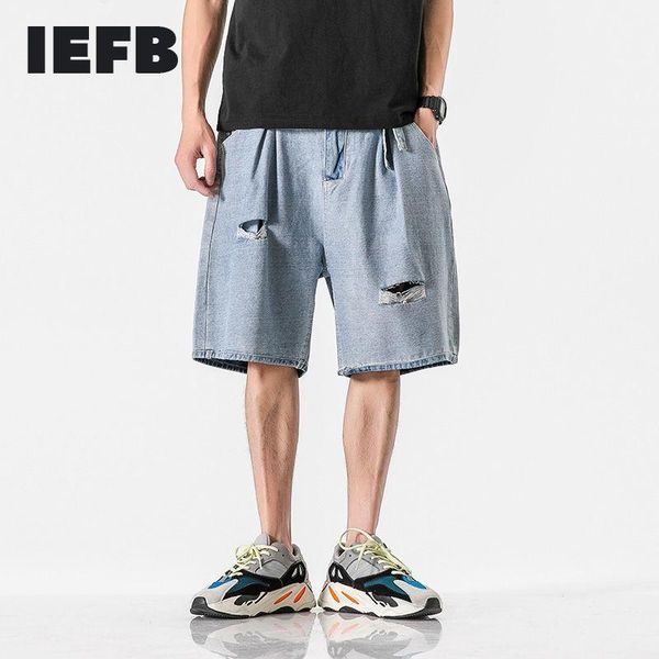 

men's shorts iefb summer loose bandage blue 2021 causal hole knee length pants for male belt bottoms 9y6066, White;black