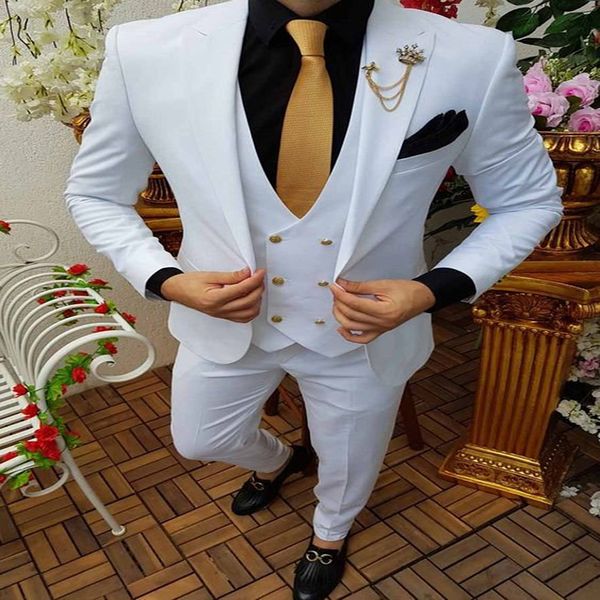 Branco três partes noivo tuxedos casaco bonito calça colete satin homens terno para casamento 2022 fino pico de pico namorado vestuário groombride homens ternos