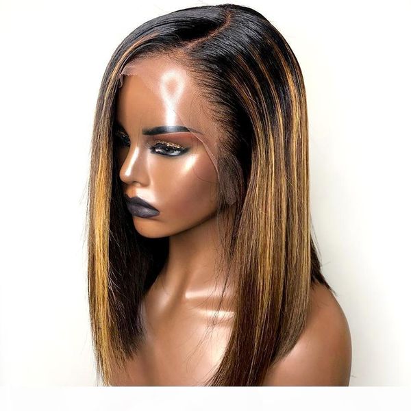 

paff ombre highlight invisible color lace front human hair wigs for women brazilian remy hair full lace wig bleached knots, Black;brown