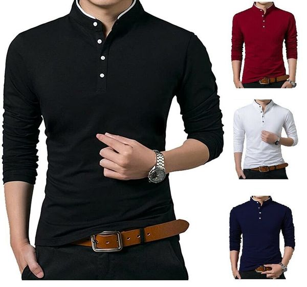 T-shirt da uomo Camicie del nonno Polo manica lunga colletto alla coreana slim fit piqué PL14