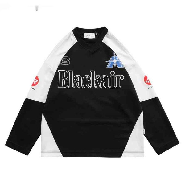 

men t-shirt patchwork v-neck polyester mesh motorcycle t shirt suit harajuku streetwear casual full sleeve oversized, White;black