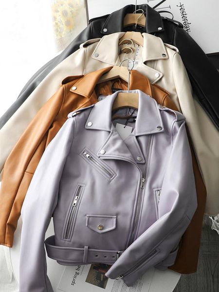 

women's leather & faux 2021 spring women zippers v-neck jacket minimalist neutral style brown motorcycle girl pu streetwear, Black