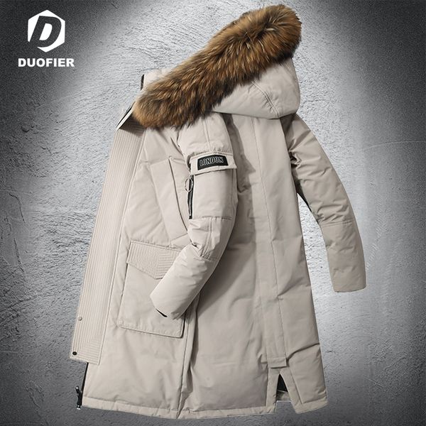 

Men's long et, fashion work cloth, outdoor, new, synthetic leather collar, thick, warm, winter white duck down, Black
