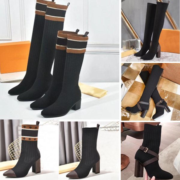 

womens elastic knitted socks boots platform pointed over knee 2021 autumn winter new anti slip classic mini thick heel letter large size 35-, Black