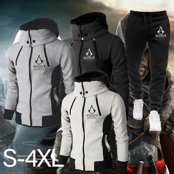 

jogging clothing assassin's printed pullover suit men's lapel zipper jacket + sweatpants leisure outdoor essentials warm coats com, Black;red