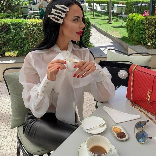 

women blouses organza see through lady shirts big bow collar blouse white shirt lantern long sleeve casual top
