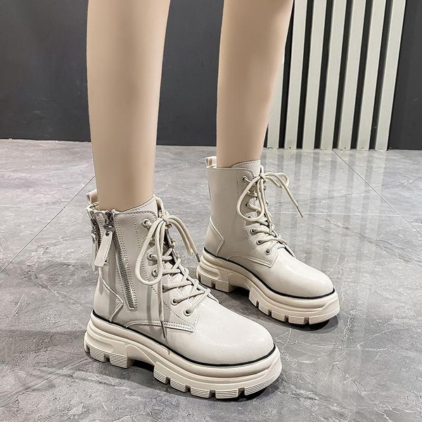 

boots ankle for women 2021 autumn motorcycle thick heel platfoankle brm shoes woman slip on round toe fashion, Black
