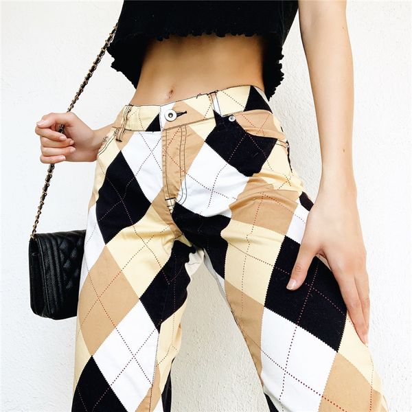 

argyle plaid skinny high waist pants women y2k harajuku casual checkered long trousers ladies vintage streetwear 2021, Black;white