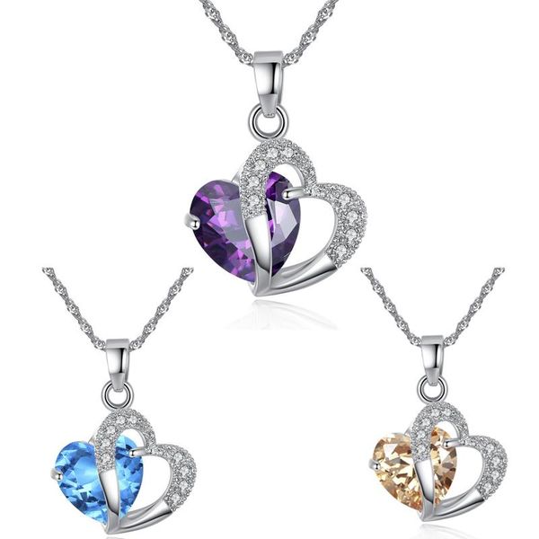 

pendant necklaces fashion blue purple crystal heart-shaped clavicle necklace 2021 for women girl hollow chain jewelry whole sale, Silver