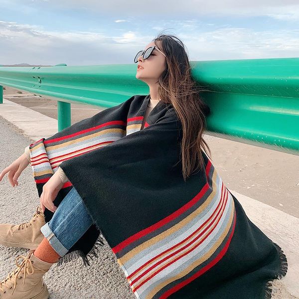 

hats, scarves & gloves sets scarf women winter wear striped split fringed shawl desert travel po cloak imitation cashmere thickened to keep, Blue;gray