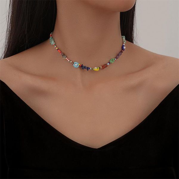 

chokers rainbow colors simple beaded clavicle chain choker necklace for women girls cute sweet flowers wedding jewelry, Golden;silver