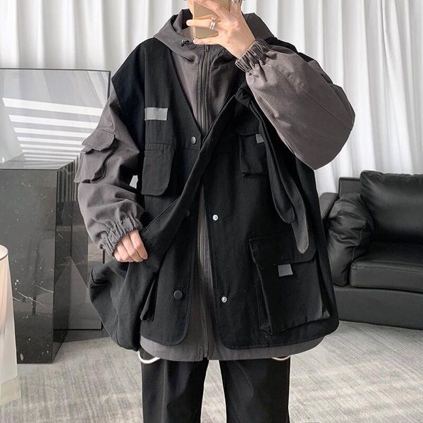 

autumn 2021 hooded jacket men's fashion casual multi-pocket fake two jackets mens streetwear loose hip hop bomber jacket men, Black;brown