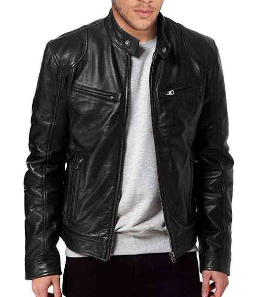 

2021 men's large zip cardigan pocket pu stand collar slim leather et, Black