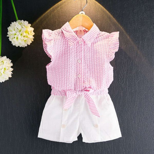 

stripe 2021 summer new girls' suit shirt two piece short sve pullover shorts casual children's wear, White