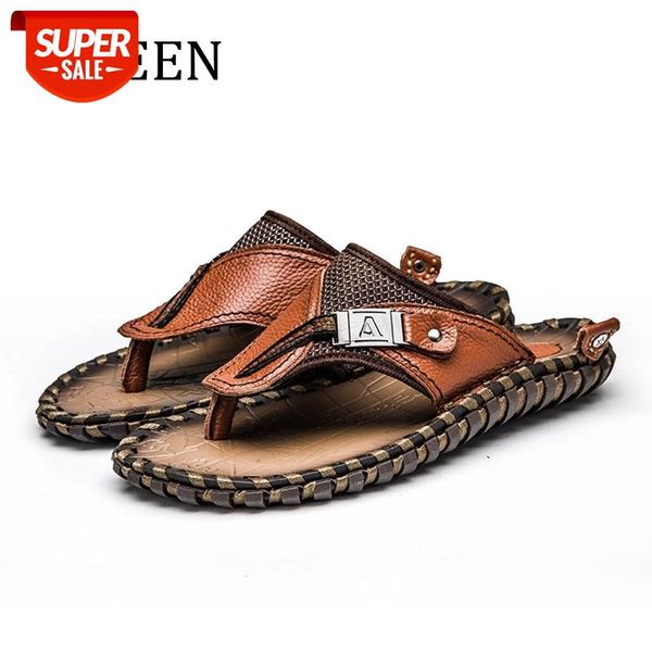 

yween men's genuine leather slippers men handmade flip flops big size 38-48 #yj0j, Black