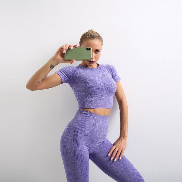 

yoga outfit women's sportswear set clothes gym leggings seamless fitness bra crop short sleeve moota