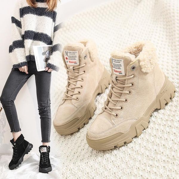 

boots shoes for women 2021 winter warm fur casual sport shoes, thick bottom trainers, lace up platform sneakers chunky woman, Black
