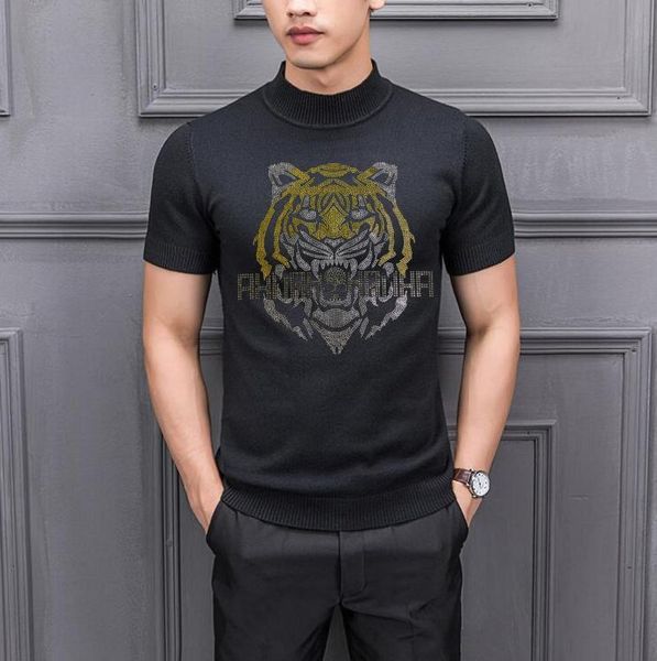 

men's sweaters summer men short sleeve turtleneck slim fit sweater male solid black white rhinestone, White;black